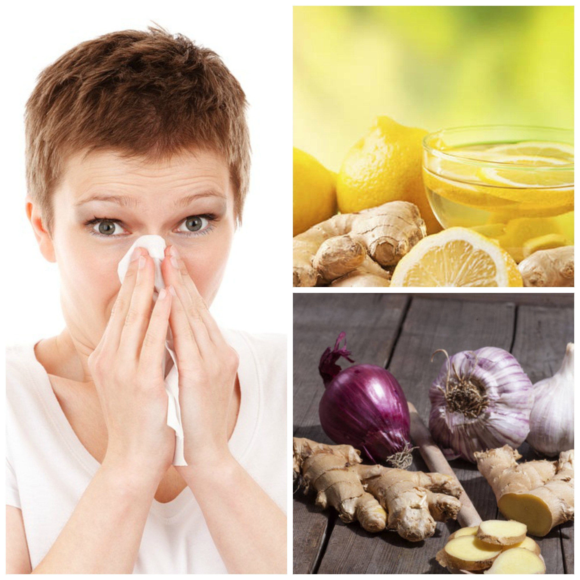 Mujer sonándose los mocos y alimentos antigripe