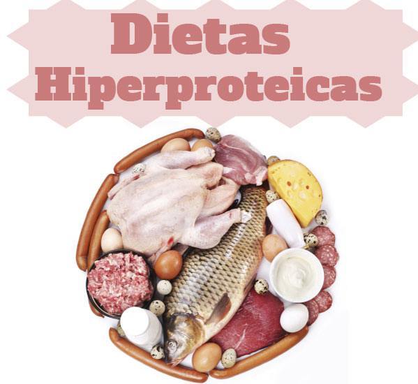 DIeta hiperproteica escrito en rosa y alimentos que la incluyen debajo