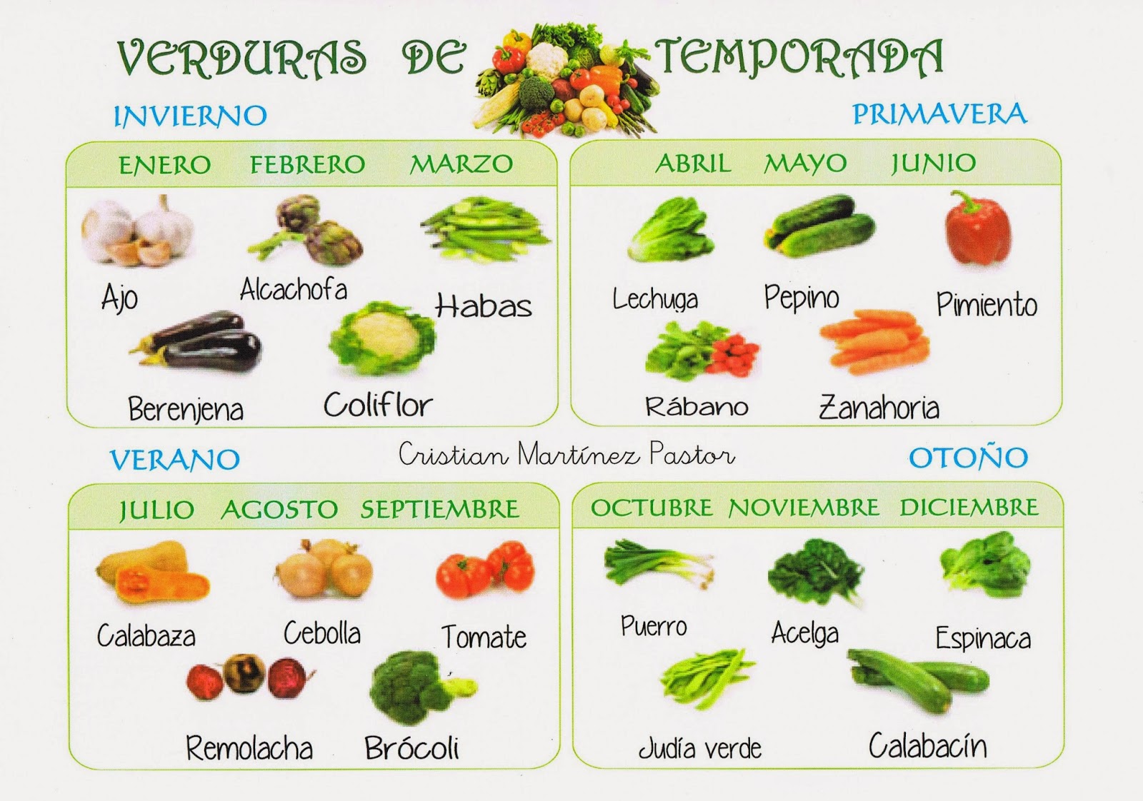Cuadro con 4 sectores en los que aparecen las verduras de cada época del año