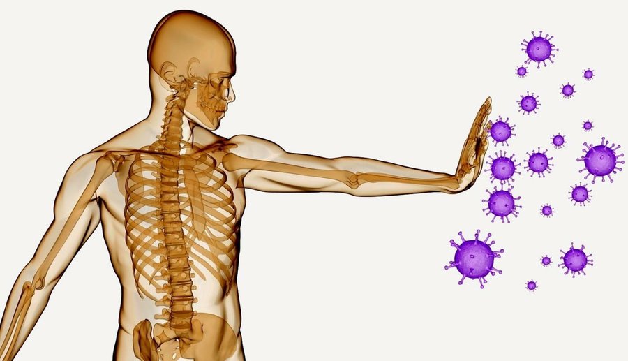 Esqueleto humano defendiendose de virus morados
