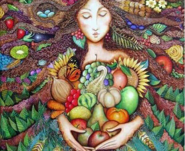 Dibujo de mujer rodeada de alimentos recogidos en su vientre