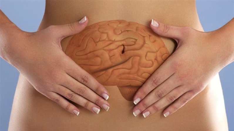 Mujer tocándose la barriga con dibujo de cerebro